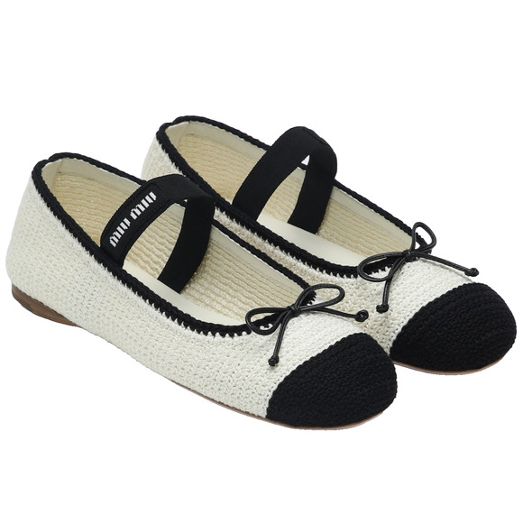 Miu Miu Crochet Knit Black White Bicolor Logo Strap Ballet Ballerina Flats 42 - Picture 1 of 16